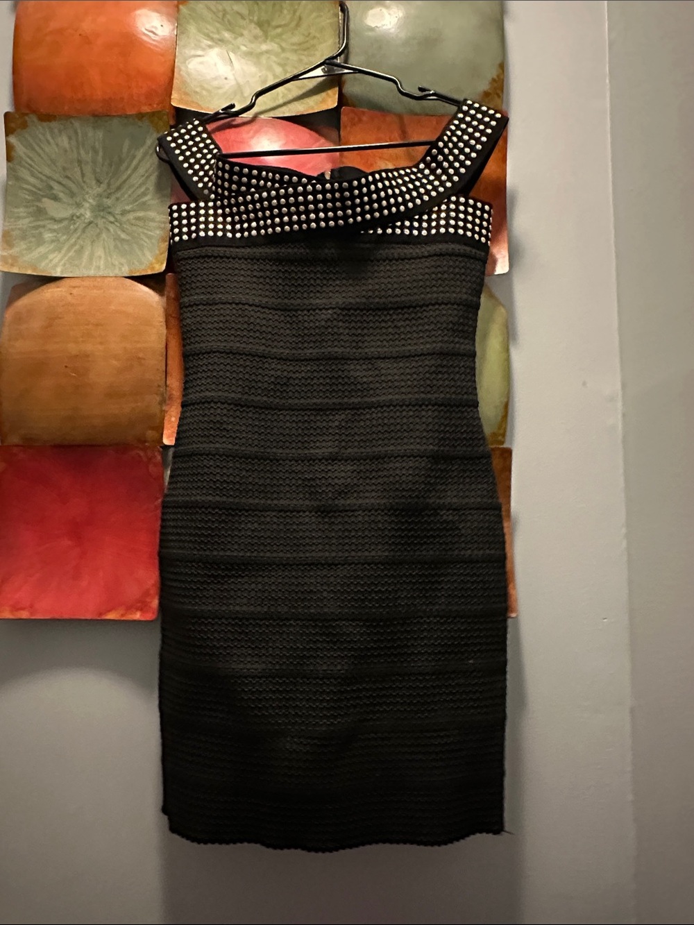 G by Guess Black One-Shoulder Studded Collar Bodycon Dress